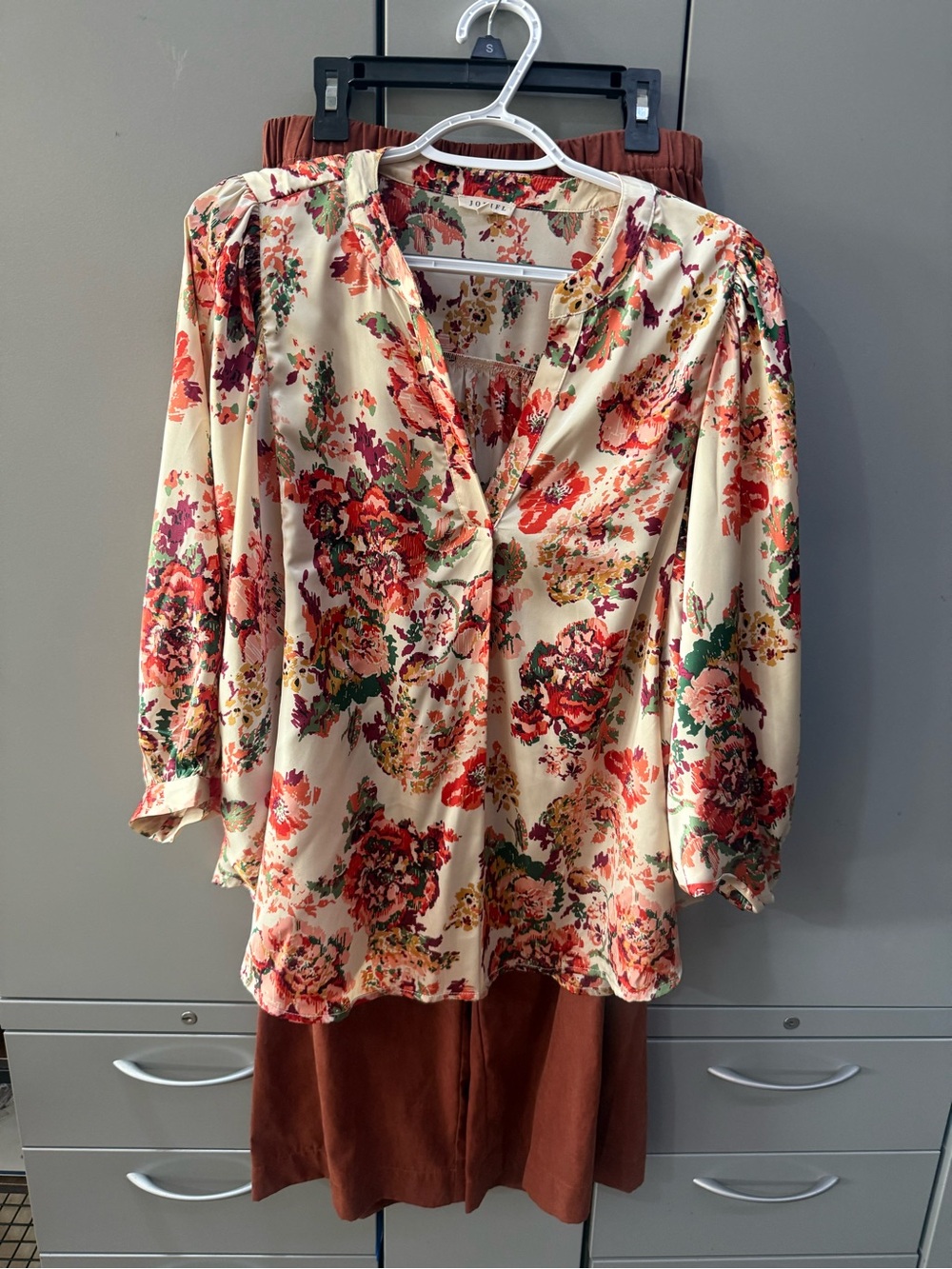 JODIFL Cream Floral V-Neck Blouse with Red & Green Accents